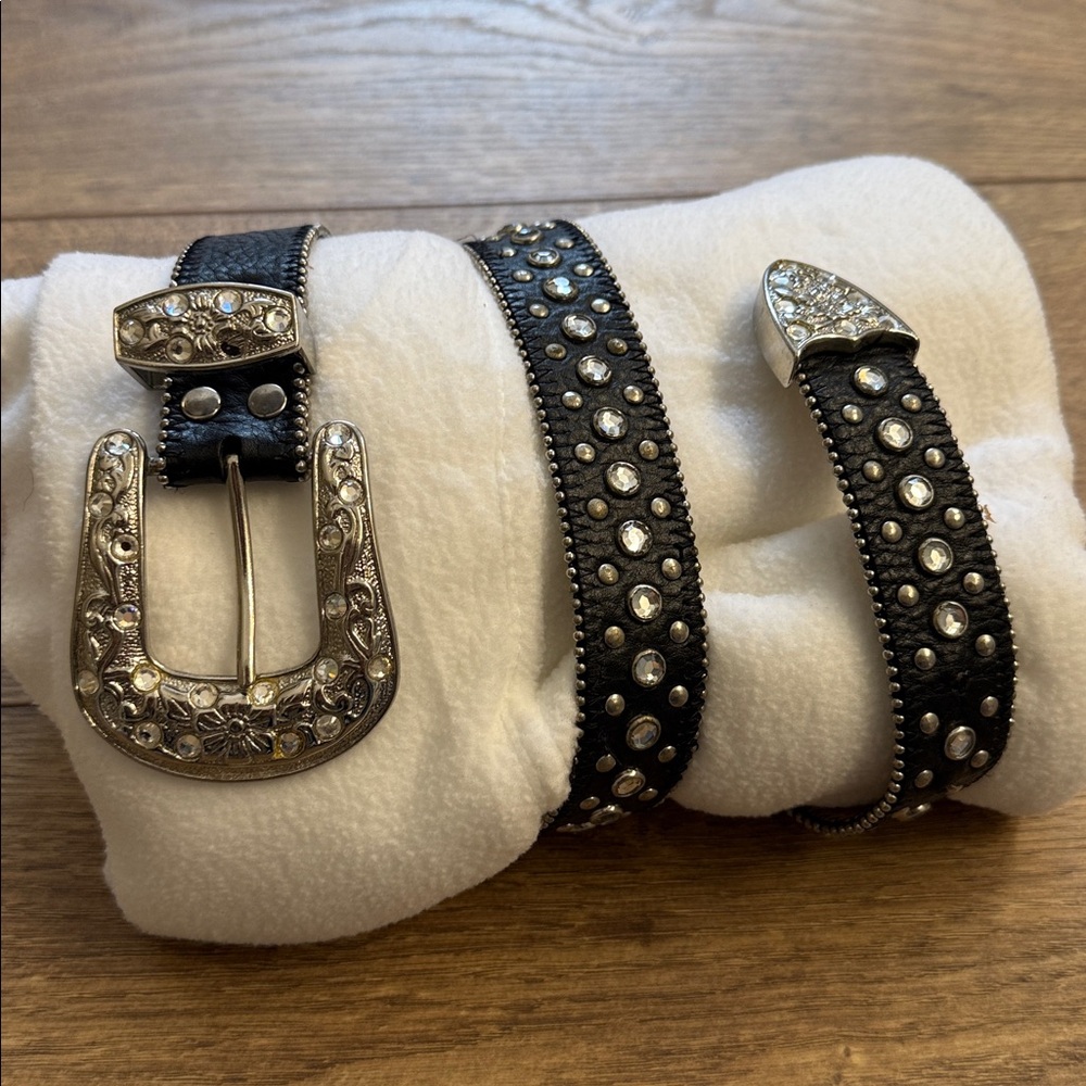 Silver Leather Embellished Black Belt